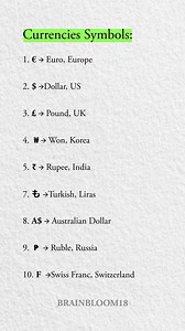 Money speaks every language, and every symbol tells a story 💱🌍✨ From the Euro to the Rupee, from the Dollar to the Won, these currency signs connect the world through trade, travel, and dreams. 💭✈️💼 Learning about global currencies helps us understand different cultures, economies, and lifestyles. 📖🌐 Whether you’re a student, traveler, entrepreneur, or just curious about the world, knowing these symbols is a small step toward big knowledge. 💡📈 Save this post, share it with your friends, 