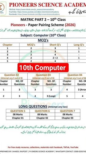10th class computer paper scheme 2026|computer pairing scheme 10th class 2026 all Punjab board