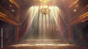 Theater stage with a spotlight and dramatic lighting. Style of classical drama and performance. Style of classical architecture. Beautiful vintage interior of the theater. Theater musical performances