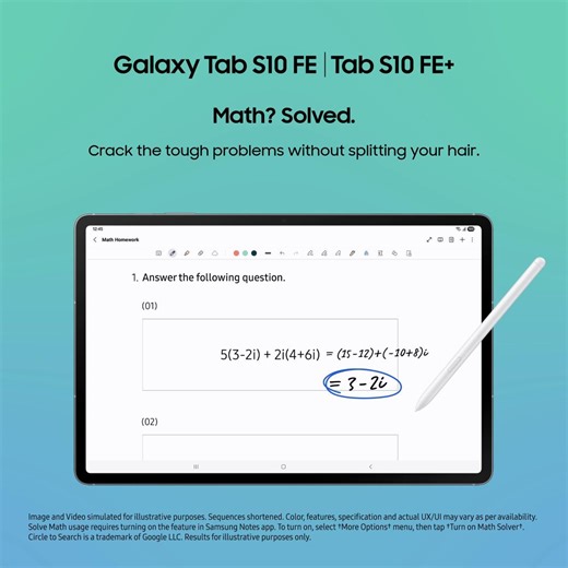Write your problem and consider it done on #GalaxyTabS10 FE. Math Solve provides solutions to those tough mind-benders so you don’t have to stress, only solve. You’ve definitely gotta try this. Own now: http://smsng.co/6189NaNpP #GalaxyAI #Samsung | Samsung