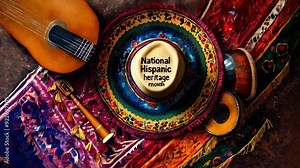 Traditional Mexican sombrero and wooden ukulele on bright red background. Hispanic Heritage Month and cultural celebrations concept.