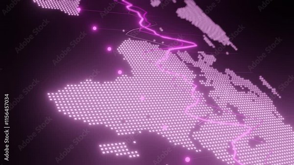 Digital pink world map with glowing points and upward graph line. Abstract macro shot illustrating global financial data and economic trends. Futuristic technology background vertical Stock Video