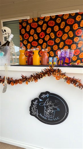 Your Halloween brunch just got boo-zy! 👻🥂 Set up by A&E Mobile Bar 🖤🧡” #HalloweenBrunch #MimosaBar #SpookySeason #BoozyBrunch #AEMobileBar #DallasEvents #HalloweenVibes #FallFestivities #MobileBarService | A&E Mobile Bar LLC