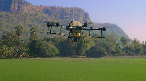 Download Agriculture drone flying and spraying fertilizer and pesticide over farmland,High technology innovations and smart farming for free