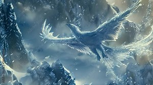 Ice phoenix reborn from a glacier, soaring with shimmering frost wings through a blizzard in a mystical winter wonderland.