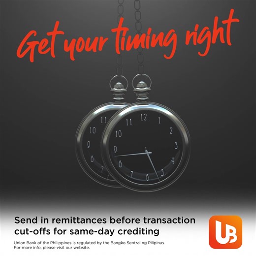 Don’t be late! Send in remittances based on each remittance center’s cut-off periods. 🕰 *Individual service fees may apply. #BankTheWayYouLive #BankDifferently . . . . . For any concerns, you may contact us through our Customer Service Hotline at ( 632) 8841-8600. Union Bank of the Philippines is an entity regulated by the Bangko Sentral ng Pilipinas (BSP) with email address consumeraffairs@bsp.gov.ph. Deposits are insured by PDIC up to P500,000 per depositor. For more info, please visit our we