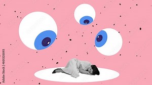 Stop motion, animation. Desperate sad woman lying under many eyes making pressure on her isolated on pink background. Depression. Concept of emotions, feelings, psychology, influence, social issues