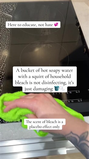 No hate, just wanting to help educate 💞 Bleach and hot soapy water 🪣 What is it doing? It’s cleaning, for sure, there’s no denying that. But the hot soapy water alone is doing all that hard work. So what is the bleach doing? Adding a scent. Damaging delicate surfaces. Damaging your respiratory system and skin if you aren’t wearing appropriate PPE. Household bleach in the uk is around 3-5% sodium hypochlorite and this requires correct dilution to achieve disinfection. Adding a splash to a bucke