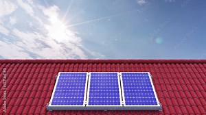 Solar Panel on roof, Modern house. Renewable energy background, Sky time lapse