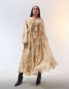 ASOS EDITION Curve chiffon raw edge ruffle maxi dress with drawstring waist in cream floral print  | ASOS