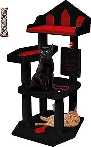 Gothic Cat Tree for Large Indoor Cats - 49-Inch Tower With Dual Condos, Halloween Activities Furniture, Scratching Board and Pillow - Black