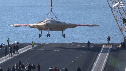 US Test Launching Billion $ Stealth Drone on Aircraft Carrier at Sea
