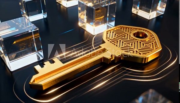Abstract 3D data encryption visualization merging into golden key for safer internet day secure access and digital safety concept