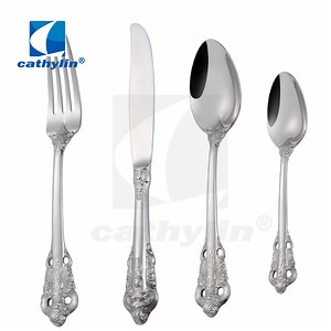 [Hot Item] Sliver Stainless Steel Western Tableware Steak Cutlery Set Embossed Retro Luxury Style