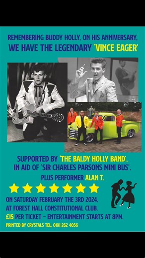 Not to be missed, the legendary Vince Eager, back in Newcastle Upon Tyne. Rock n Roll | The Baldy Holly Band