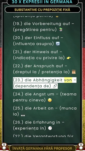 6K views · 180 reactions | 30 x Substantive cu prepoziție fixă – în limba germană. În germană, multe substantive sunt legate în mod fix de o anumită prepoziție. Aceste combinații trebuie învățate împreună, pentru a construi propoziții corecte și naturale.#SubstantiveGermană #PrepozițiiGermană #ÎnvățămGermană #ConversațiiGermană #VocabularGermană | Învață Germană fără Profesor | Facebook