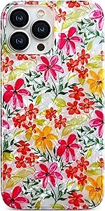 Qokey Floral Phone Case for iPhone 15 Pro Max 6.7", Sparkly Bling Flower Design Scratch-Resistant, Clear Anti-Yellowing Shell, Military-Grade Shockproof Protection, Soft-Touch Slim Cover(Orange-Red)