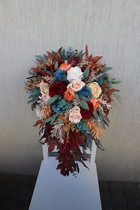Rust Teal Burgundy Wedding Bouquet, Cascading Bouquet, Fall Wedding Bouquet - Etsy