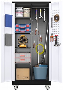 JAORD Metal Rolling Garage Storage Cabinets with Hanging Rod and 5 Pegboards, Steel Utility Tool Storage Cabinets with 4 Shelves & Locking Doors, Assemble Required