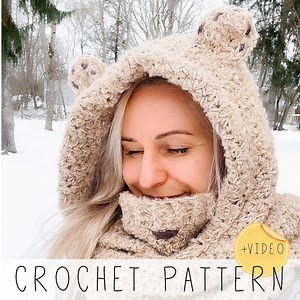 Bear Snood CROCHET PATTERN, Women's Hooded Cowl With Inner Cowl and Round Ears (baby, Kids Adult Sizes), Video Tutorial I Jacob - Etsy