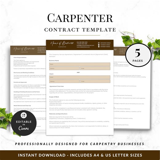 Carpenter Contract Template, Editable Canva Agreement, Construction Service Contract, Contractor Client Terms, Small Business Form - Etsy