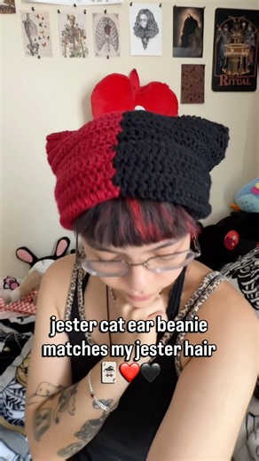 i love my red jester calico hair with my split jester red and black crochet cat ear beanie :))❤️🖤