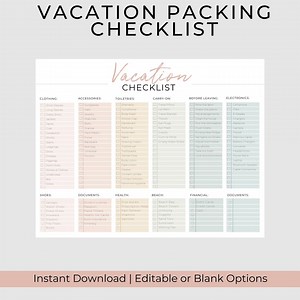 Editable Vacation Packing Checklist | Printable Packing List - Etsy