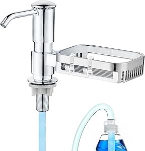 Soap Dispenser for Kitchen Sink with Sponge Holder, Built in Soap Dispenser Pump, Under Counter ABS Pump Head with 38" Extension Tube Kit, Good Suction Power, Chrome
