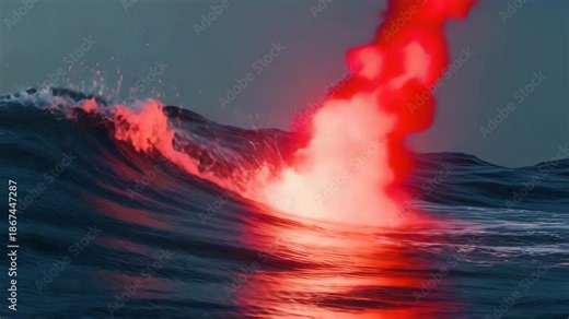 Massive black waves crashing and colliding with bursts of red explosions, captured in dramatic cinematic slow motion Smooth panoramic camera sweep with shifting focus between impact point 4K