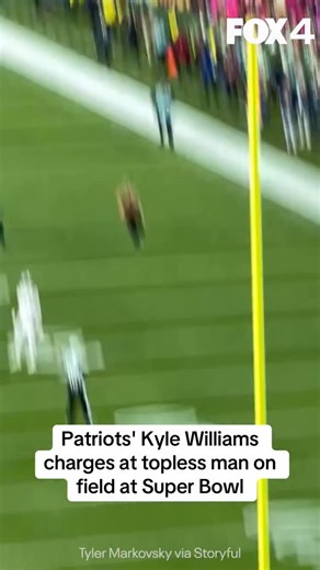 Things you didn’t see on your big screen: New England Patriots wide receiver Kyle Williams tackled a shirtless man that ran across the field at Levi’s Stadium during Super Bowl on February 8. Footage captured by Tyler Markovsky shows a security crew chase the man down the field before Williams chases the man and appear to push him on the shoulder. Security escorted the man off the field, reports said. The Patriots lost to the Seattle Seahawks 29 - 13. | FOX 4 News