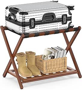 BAMBOOHOMIE Bamboo Luggage Rack for Guest Room, Wide Suitcase Stand with Storage Shelf, Folding Luggage Stand Holder for Bedroom Hotel, 26.77" Thickened Luggage Rack for Suitcases, Brown