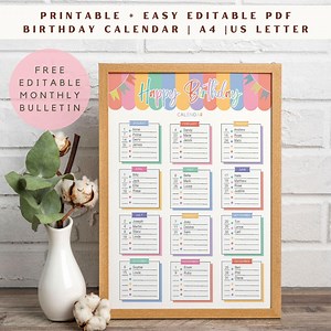 Printable Birthday Calendar: Editable Colorful Design (digital Download, PDF List Organizer) - Etsy Canada