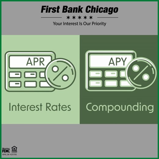 Confused about interest rates? APY (Annual Percentage Yield) is what you earn on savings or investments and includes compounding, so higher is better. APR (Annual Percentage Rate) is what you pay to borrow money, like with a loan or credit card, and includes fees—so lower is better. Compare APY for saving and APR for borrowing! https://www.onlinebanktours.com/m/article.php?b=1688&id=79977 #teamFBC #FirstBankChicago #memberFDIC #EqualHousingLender | First Bank Chicago