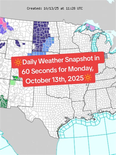 🔆Daily Weather Snapshot in 60 Seconds for Monday, October 13th, 2025🔆 Starting off on the east coast, we have our coastal low that will begin moving away from the coast later today and conditions along the coast should begin improving overnight. Next across portions of the Dakota's we have frost and freeze advisories in place. Then across portions of the southwest we continue to have flood advisories in effect. Across portions of the western states we also will see windy conditions with wind a