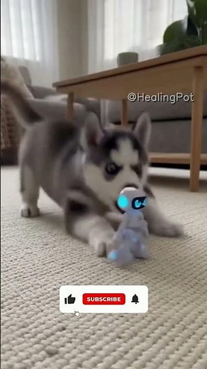 Husky Puppy Meets Tiny Robot Toy: Curiosity & Playful Barking 🐶🤖 #PetPlaytime