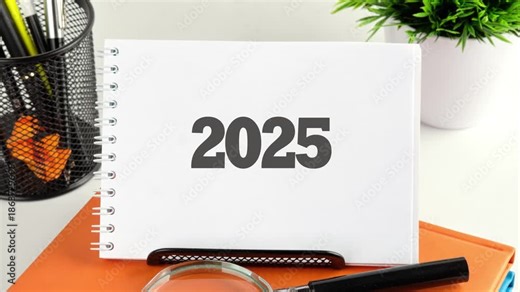 The appearance of the numbers 2025 in the notebook. The concept of development, business, strategy, innovation, technology, finance and marketing