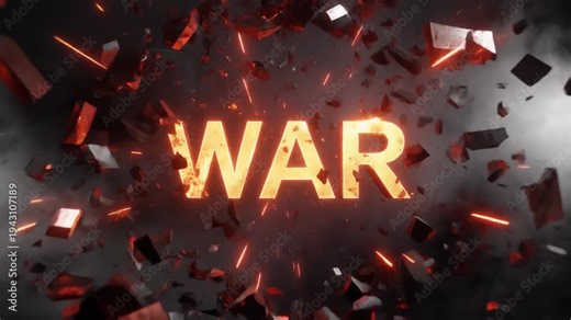 The glowing word WAR explodes into destructive fiery fragments amidst smoke and laser streaks