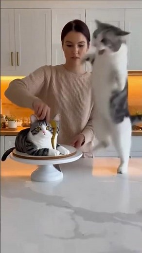 Cute Cat Freaks Out When Owner Cuts Cat-Shaped Cake! 😂🐱🎂