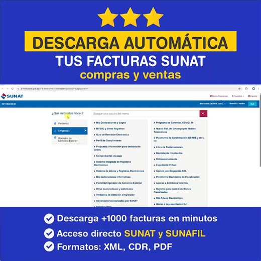 56 reactions · 6 comments | ¿Aún descargas facturas de SUNAT una por una? 勞Con SmartAPI automatiza TODO en segundos ⚡ ✅ +1000 facturas descargadas en minutos ✅ XML, CDR y PDF organizados automáticamente ✅ Sin ingresar el portal SUNAT  Más de 1900 contadores ya lo usan  50% de descuento - Últimas 24 horas  Haz clic en "Más información" antes que finalice | Grupo Royen | Facebook