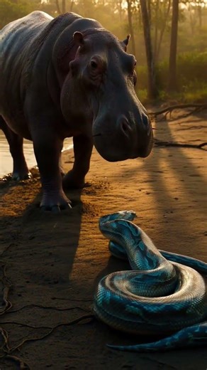 Unstoppable Force: Hippo vs Giant Python Riverbank Clash (20s 4K Cinematic)