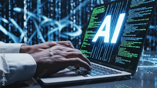 Hands typing on laptop with AI code