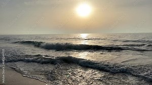 The Black Sea coastline near Varna, Bulgaria. Sea waves close-up. Sunrise time.