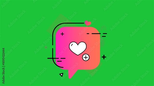 Animated chat bubble with heart icon and graphic elements on green screen, social media like reaction, love engagement and messaging concept loop