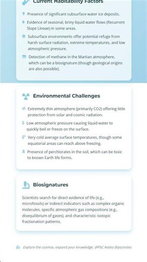 Potential for Life and Habitability Environmental conditions, biosignatures