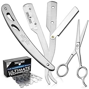 Straight Razor, Complete Straight Razors for Men Kit with 50 Single Blade Razors for Men and Scissors, Barber Supplies, Straight Edge Razor, Professional Barber Razor Blade (Silver)