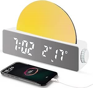 gevaabu Sunrise Lamp Sunrise Alarm Clock, Wake Up Light Dawn Simulator, Bedside Sun Lamp 7 Color Changing Lights for Bedroom Night Light for Heavy Sleepers Adults, Gift for Kids Teenage Boys Girls