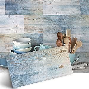 Vinyl Floor Wall Tile Sticker, Non-Slip Sticky Back Tile Decals for Kitchen Bathroom Self-Adhesive Peel and Stick PVC Floor Sticker DIY, Blue Coastal Wood, 30x15cm/12x6inch, 12Pcs Set