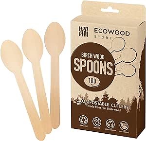 ECOWOOD Disposable Wooden Cutlery Spoons (100 Pcs) – 100% Birch Wood Compostable Utensils Set – Earth Friendly Dinnerware – Wooden Cutlery Utensils for Picnic, Travelling, Camping