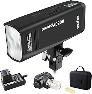 Godox AD200 Pocket Flash Speedlite 200W TTL Monolight Strobe 2.4G 1/8000 HSS with 2900mAh Li-ion Battery and Bare Bulb Recycle in 0.01-2.1 Outdoor Fash Strobe for Photography