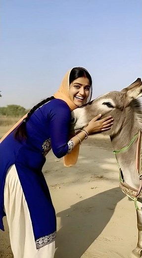Joyful Desert Moment: Woman Sharing a Happy Bond with a Donkey